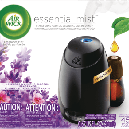 Air Wick Essential Mist Fragrance Oil Diffuser Kit, Lavender & Almond Blossom, Includes Diffuser, Refill and 3 Batteries